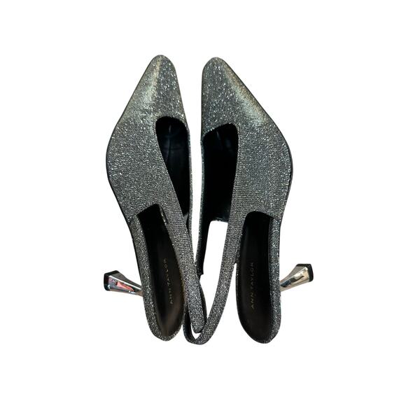 Ann Taylor Kitten Heels Shimmer Square Toe Slingback Pumps Silver Sparkle 8 - Picture 5 of 12